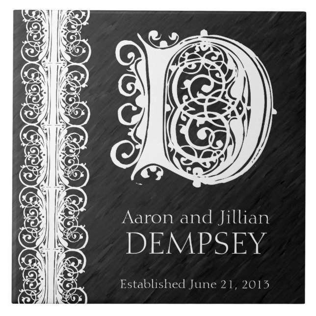 D Monograma Azulejo de Casamento "White Lace on Bl (Frente)