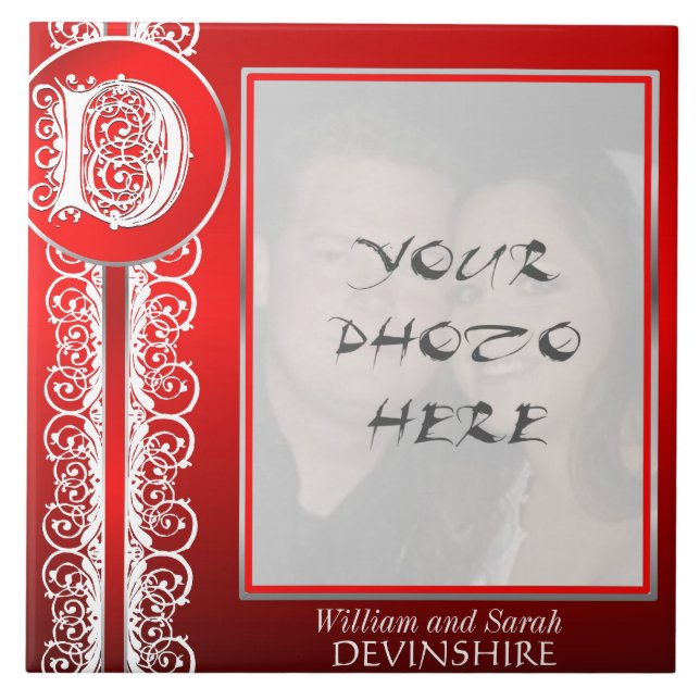 D Monograma "White Lace on Red" com Photo - Azulej (Frente)
