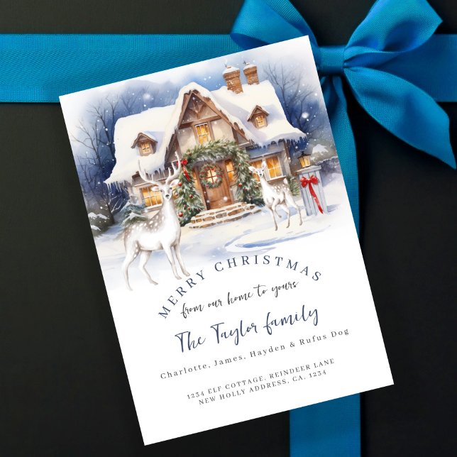 Da nossa casa ao seu cartão de Natal (From Our Home to Yours Christmas Holiday Card by Ricaso. Traditional cottage in snow with deer
)