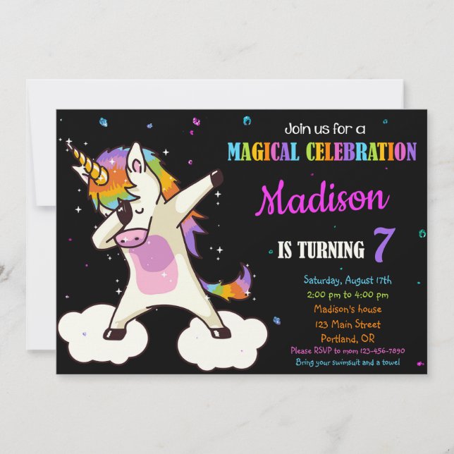 Dabbing Unicorn convite de aniversário Magic party (Frente)