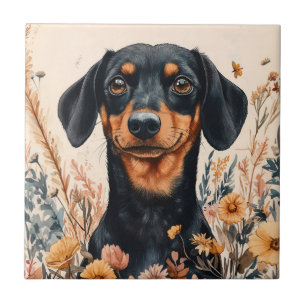 Dachshund Bonito com Pintura de Flores Selvagens