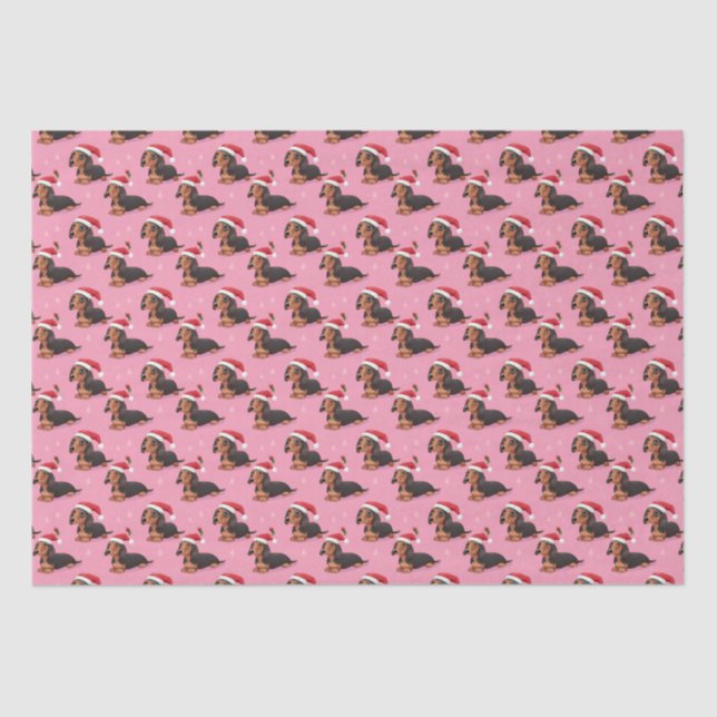 Dachshund com Santa Hat em Papel Tecido Rosa (Frente )