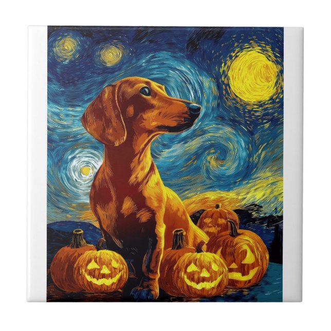 Dachshund Vermelho de van gogh noite estrelada hal (Frente)