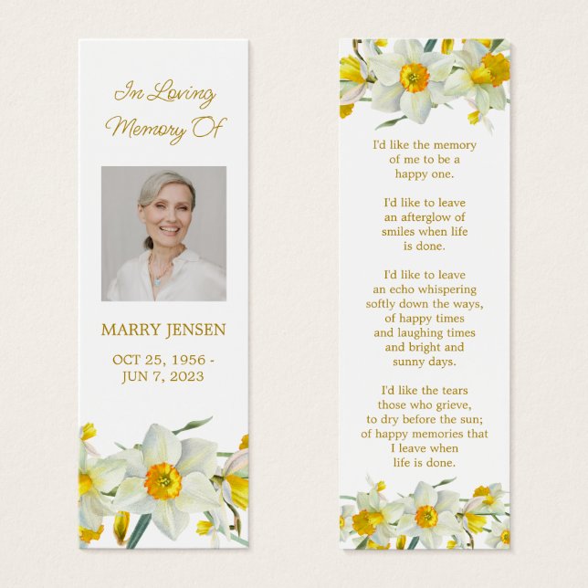 Daffodil Floral Photo Funeral Memorial Bookmark (Frente & Verso)