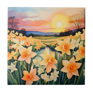 Daffodils De ouro Ao Sol, Num Prado Tranquilo