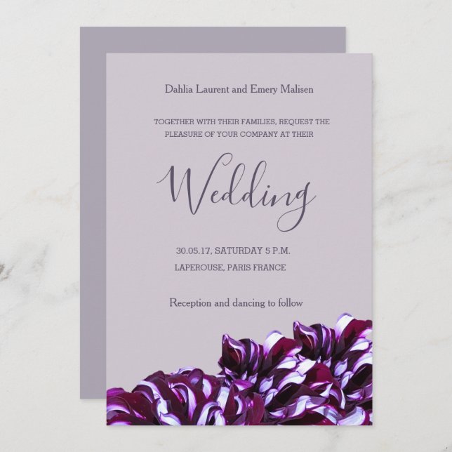 Dahlia flores lilac convite para casamento elegant (Frente/Verso)
