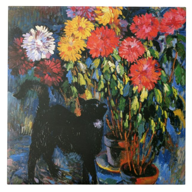 Dahlias e Black Cat, pintura de arte, (Frente)