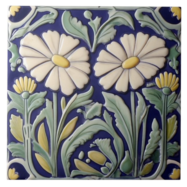 Daisies - Daisy Flower Art Deco Nouveau Verde Azul (Frente)