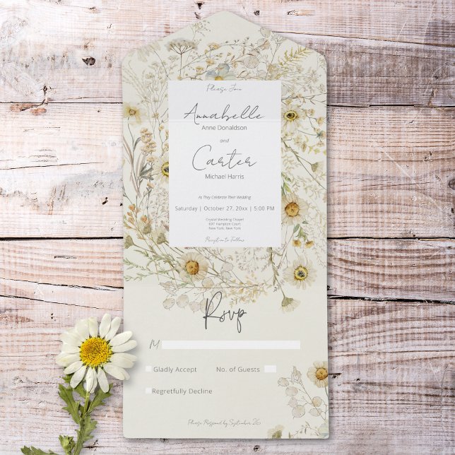 Daisies Secas Modernas Russas Floral Sem Janto (Modern Rustic Dried Daisies Floral No Dinner All In One Invitation)