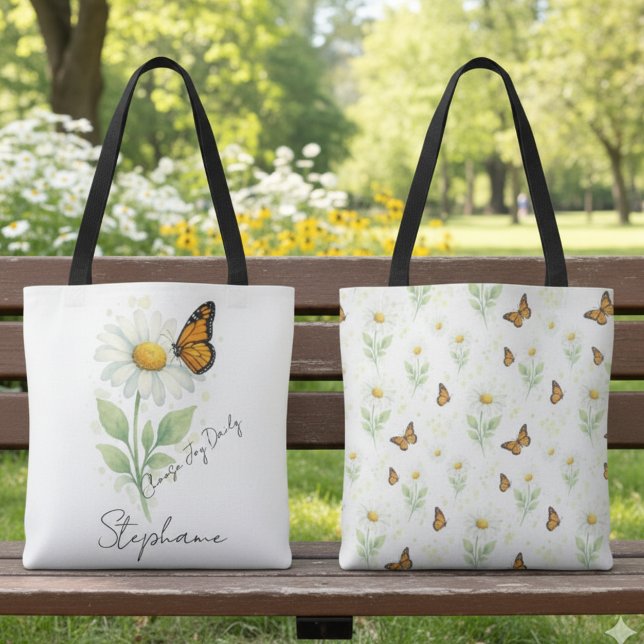 Daisy Butterfly Tote Bag - Eco-Friendly Style (Daisy and Monarch butterfly tote bag)