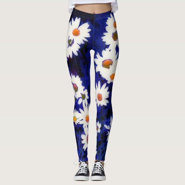 Daisy Garden Blue Art Abstrato Leggings (Frente)