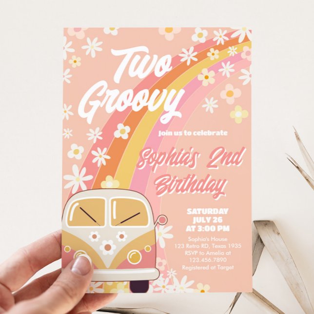 Daisy Groovy Dois Convite de aniversário (Groovy Daisy 2nd Birthday Party Invitation)