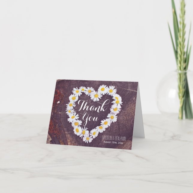 Daisy Heart Rustic Wood Weding Cartões de agradeci (Frente)
