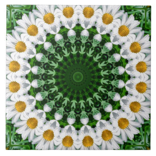 Daisy Mandala Branca com Simetria Verde Fresca