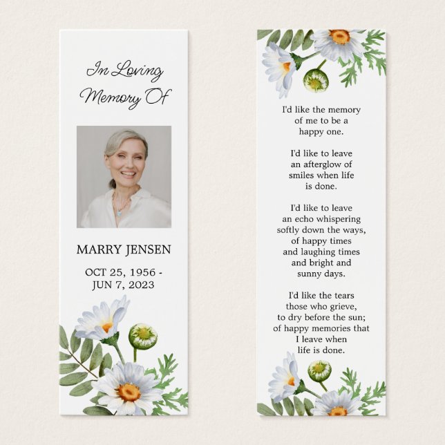 Daisy Photo Funeral Memorial Bookmark (Frente & Verso)