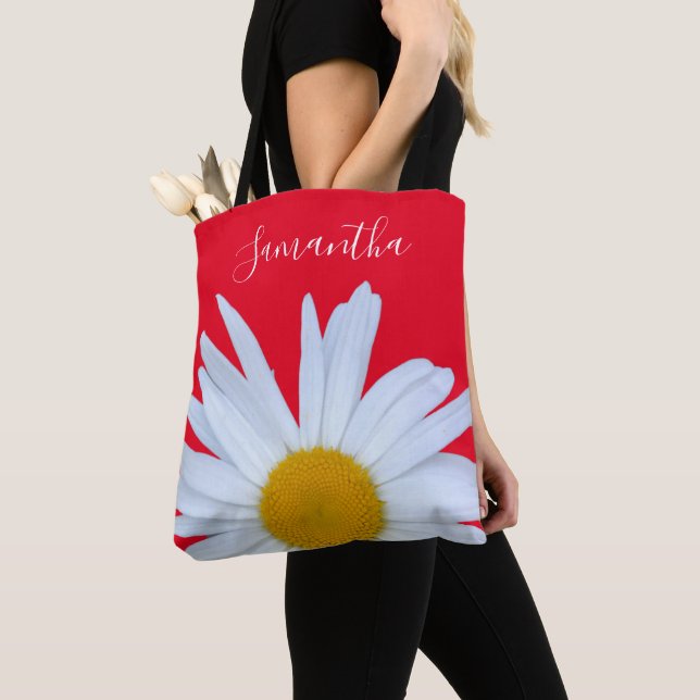 Daisy Photo Red Elegant White Script Tote Bag (Close Up)