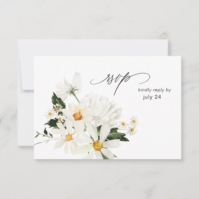 Daisy White Floral w Meal RSVP Card 3 (Frente)