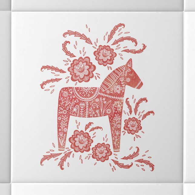 Dala Horse Red e White Suecos (Swedish Dala Horse red and white folk art ceramic tile)