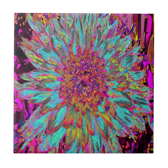 Dália Decorativa do Abstrato Azul-Teal Psicodélico (Frente)