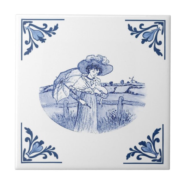 Dama Antiga e Cachorro Delft Azul e Branco no Cant (Frente)