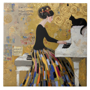 Dama do Piano Klimt Dourado com Gato Preto