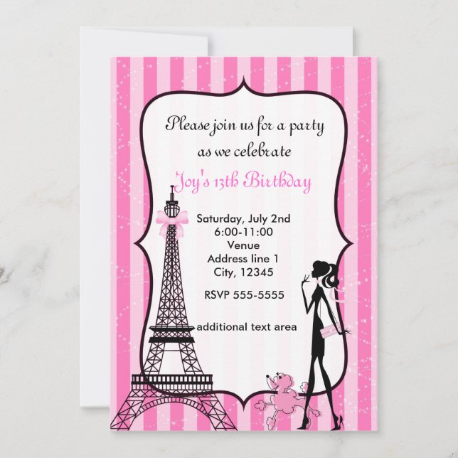 Dama em Paris Torre Eiffel Convite Poodle Rosa (Frente)