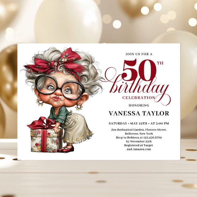 Dama engraçada única convite de aniversário de 50  (Unique Funny Lady 50th Birthday Humor Cartoon Invitation)