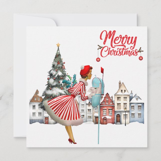 Dama Vintage de 1950 Enviando Saudações de Natal (Frente)
