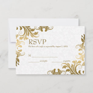 Damasco branco e placa RSVP de local Dourado