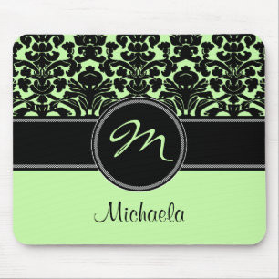 Damasco branco preto verde Mousepad do monograma