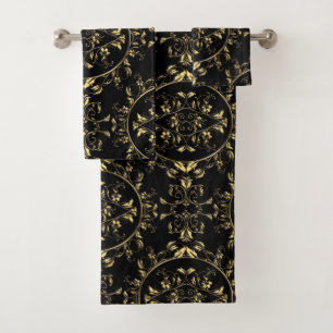 Damasco floral Dourado no grupo preto de toalha