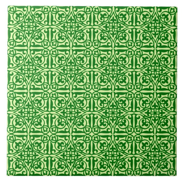 Damasco medieval Fleur-de-lis, verde pinho escuro (Frente)