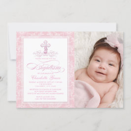 Damasco Rosa Cruzando Meninas Foto Batismo Convite