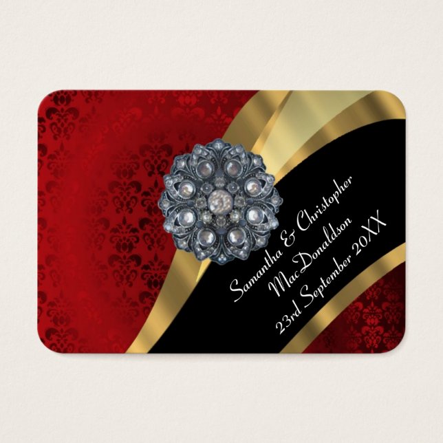 Damasco vermelho, obrigado de casamento dourado. (Frente)