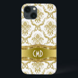 Damascos Florais Dourados Metálicos E Brancos<br><div class="desc">Padrão elegante de ouro metálico e damascos florais de ornamentado branco com monograma/nome personalizado e facultativo.</div>