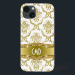 Damascos Florais Dourados Metálicos E Brancos<br><div class="desc">Padrão elegante de ouro metálico e damascos florais de ornamentado branco com monograma/nome personalizado e facultativo.</div>