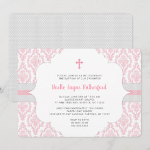Damask Baptism cor-de-rosa ou primeiro convite da 