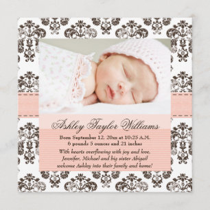 Damask Birth Anúncio Rosa e Brown