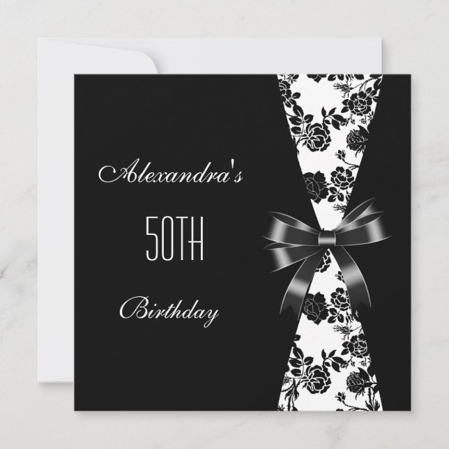 Damask Black White 50th Birthday Convite Floral (Frente)