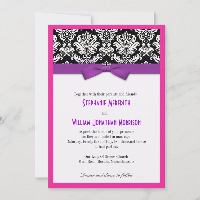 Damask Com Arco Roxo e Convite Para Casamento Rosa (Frente)