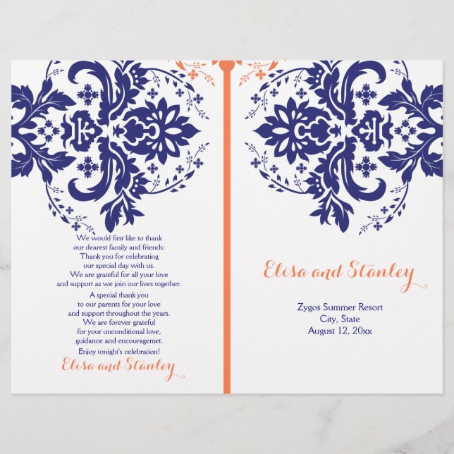 Damask marinho Blue, programa de casamento de cora (Frente)