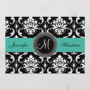 Damask Monograma Convites de Casamento Turquesa