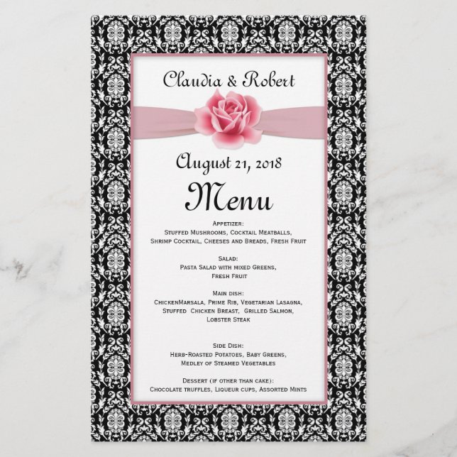 Damask preto branco, rosa rosa rosa, Menu Casament (Frente)