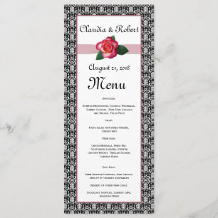 Damask preto branco, rosa vermelha Menu Casamento