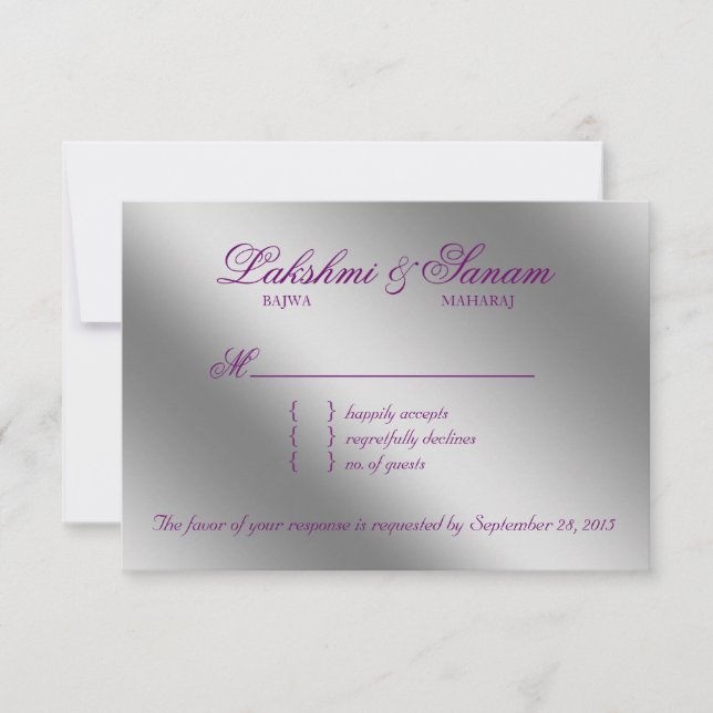 Damask RSVP Casamento Reply Sparkle Purple Silver (Frente)