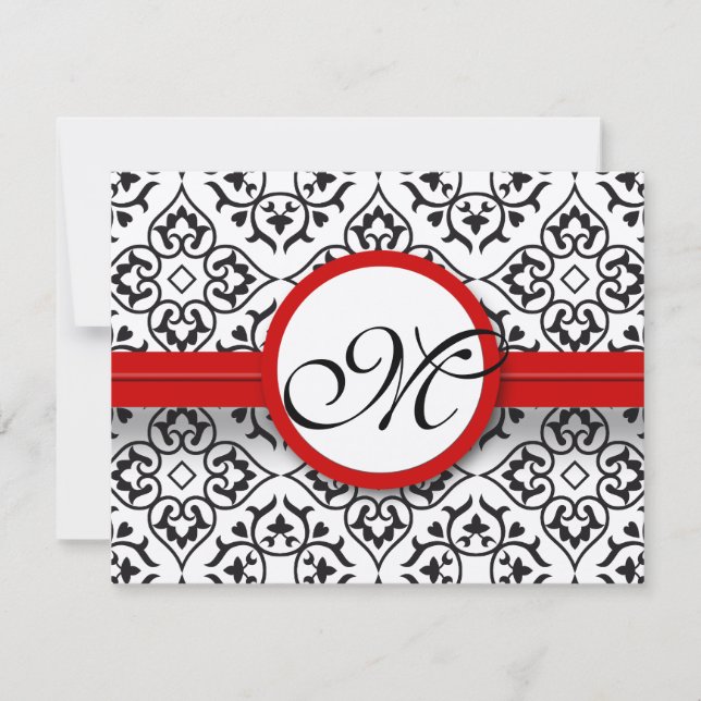 Damask Side Borders Red Trim Weding RSVP (Frente)