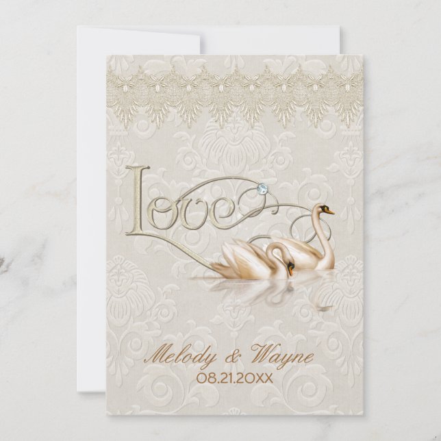 Damask Swan Elegance Ivory - Convite para Casament (Frente)