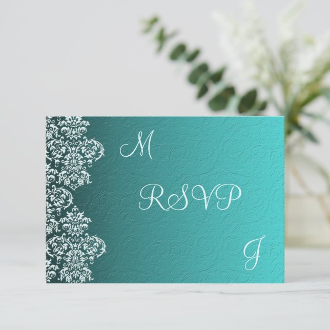 Damask Turquoise Wedding RSVP (Em pé/Frente)