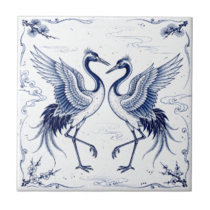 Dança de Grou Estilo Imari Japonês Azul e Branco