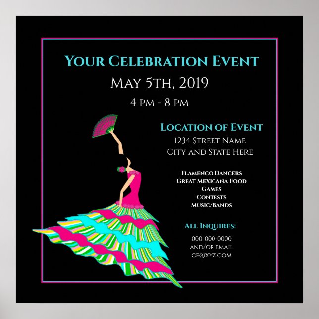 Dançarino Flamenco Poster Isolado Negro, Sua Infor (Frente)